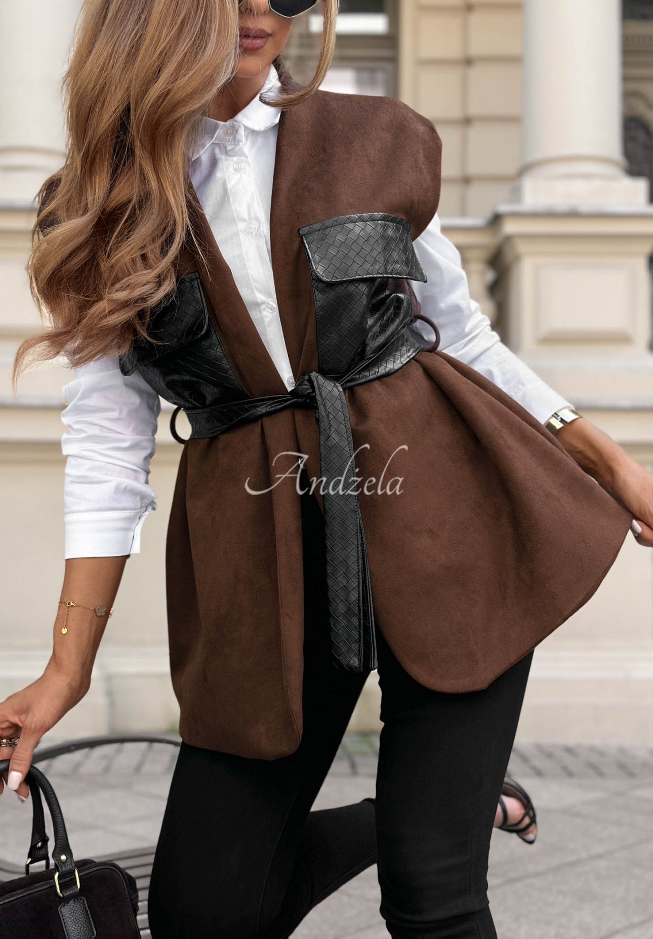 Modern Muse Suede Vest with Belt and Pockets, Chocolate Brown