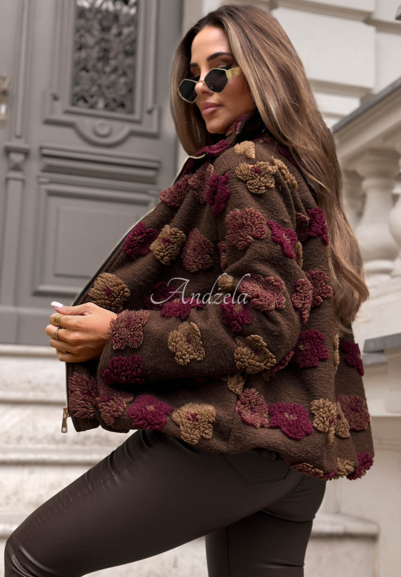 Kwiecista kurtka ze stójką Autumn Florissa czekoladowa
