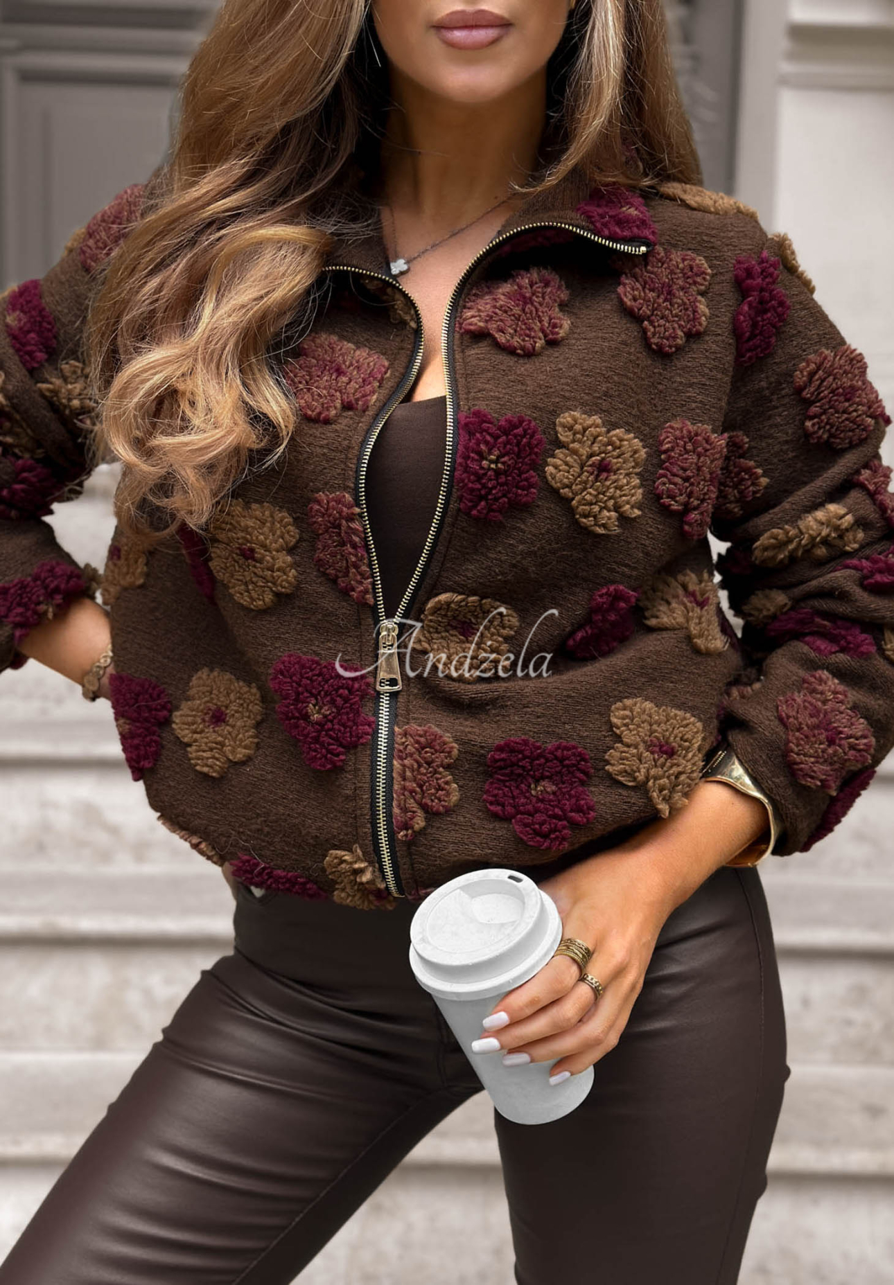 Autumn Florissa Floral Jacket with Stand-Up Collar in Chocolate Brown