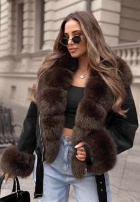 Golden Season Short Jacket with Fur Trim, Black