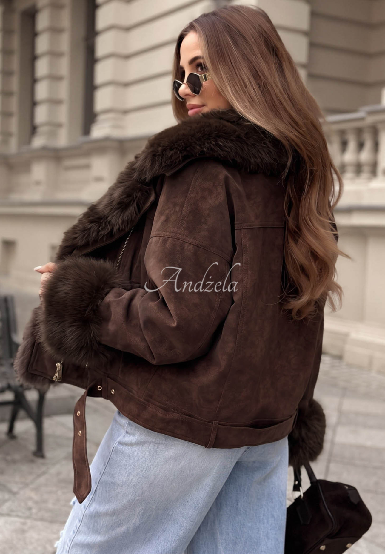 Golden Season Short Jacket with Fur Trim, Chocolate Brown