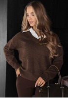 Sweter oversize z koszulowymi wstawkami Golden Aura czekoladowy