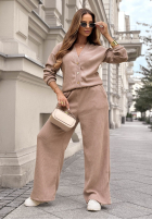 Prążkowany komplet sweter i spodnie wide leg Simple Escape czekoladowy
