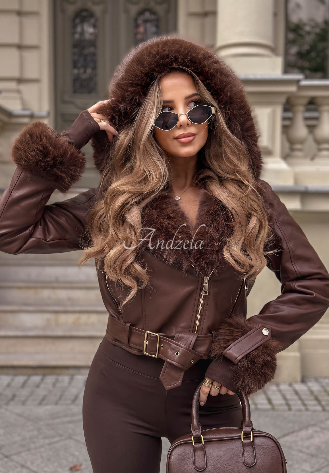 Short Moon Shadow chocolate-colored leather biker jacket with fur trim