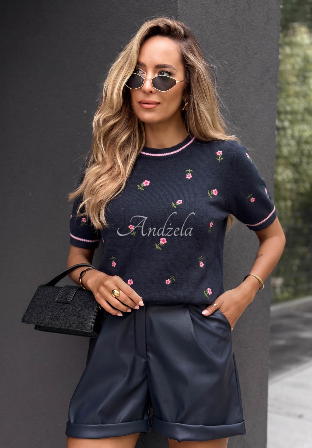 Late Reply Navy Blue Short-Sleeve Viscose Floral Sweater