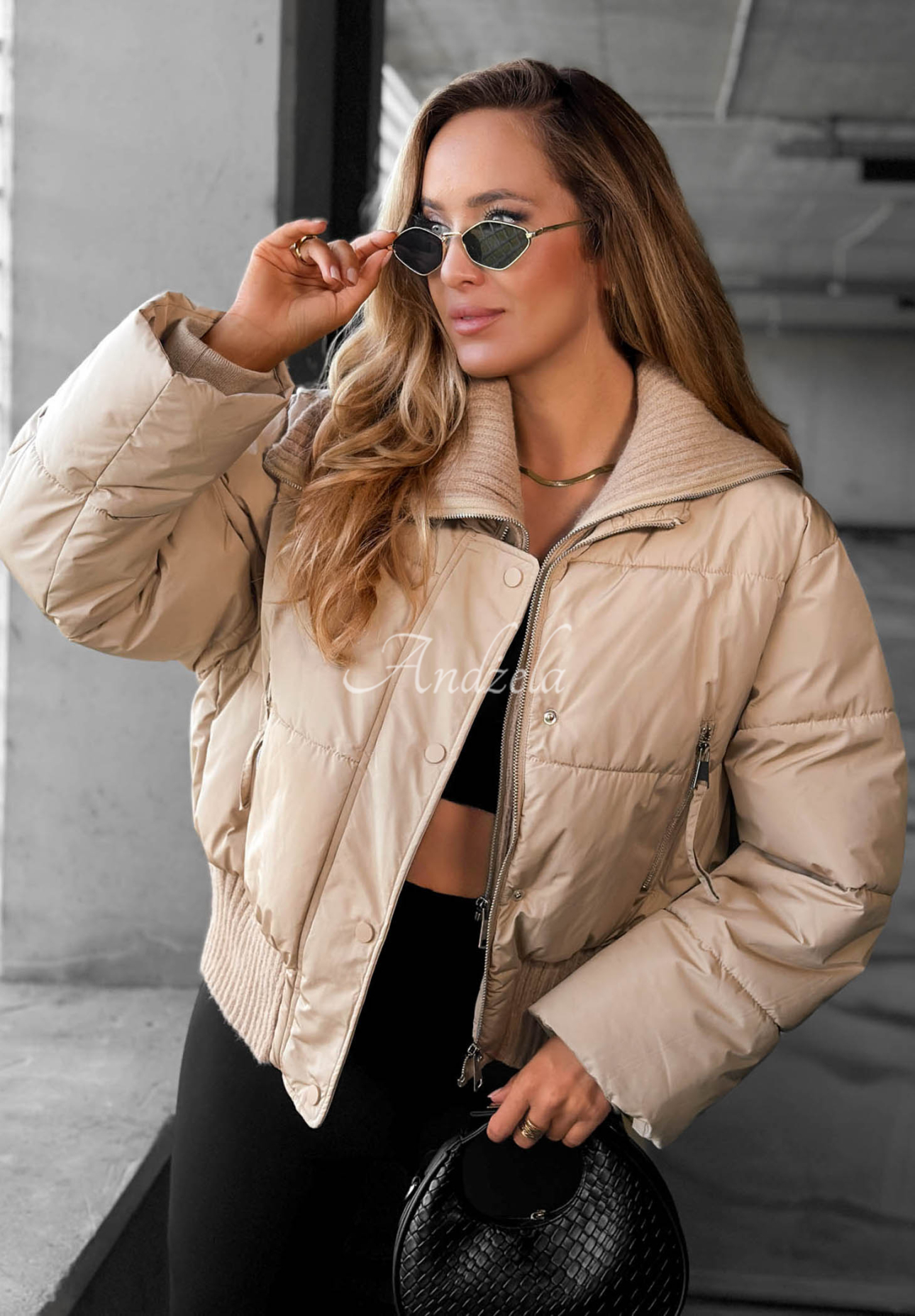 Simple Layer Short Quilted Jacket with Fabric Collar, Beige