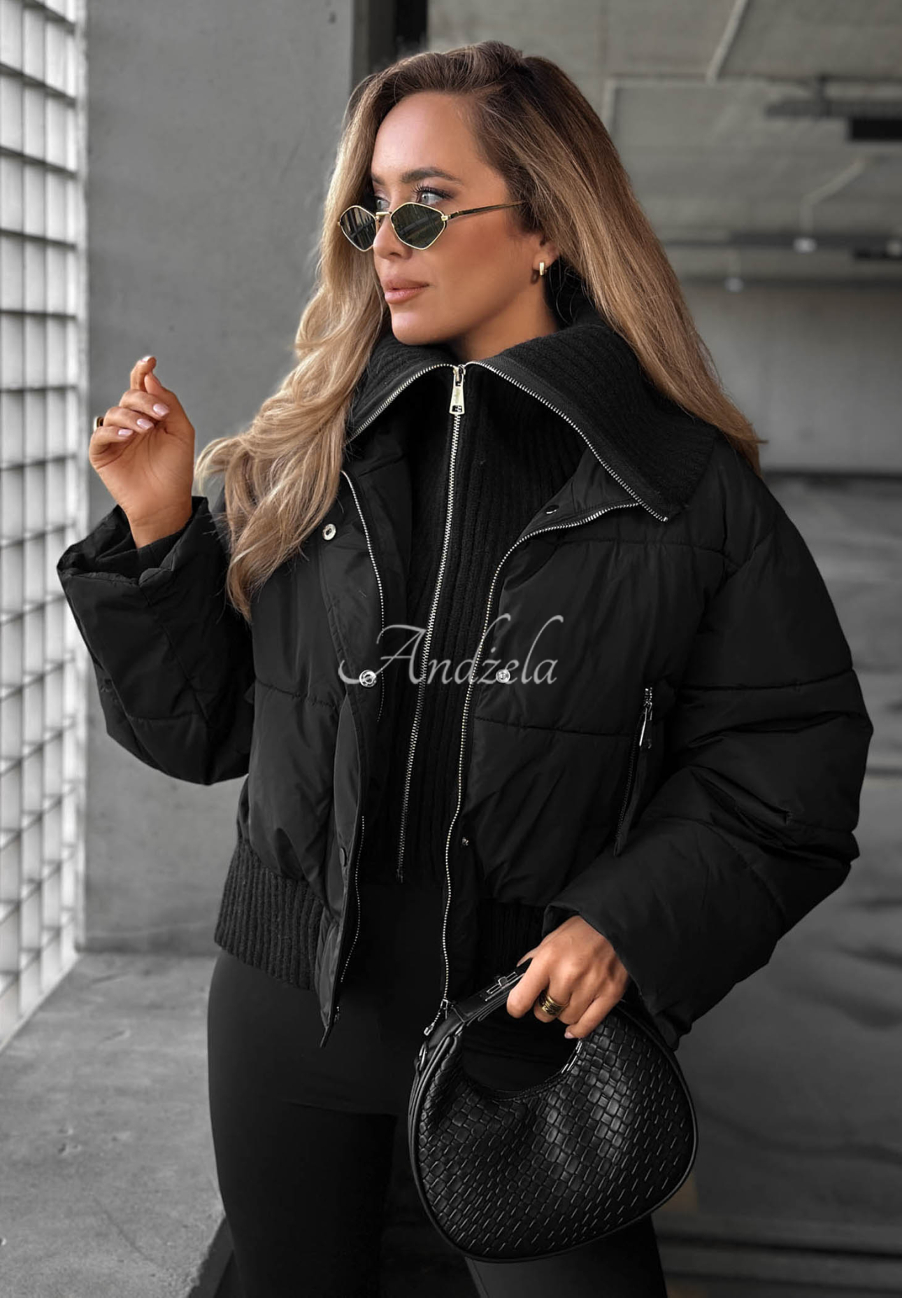 Simple Layer Short Quilted Jacket with Fabric Collar, Black