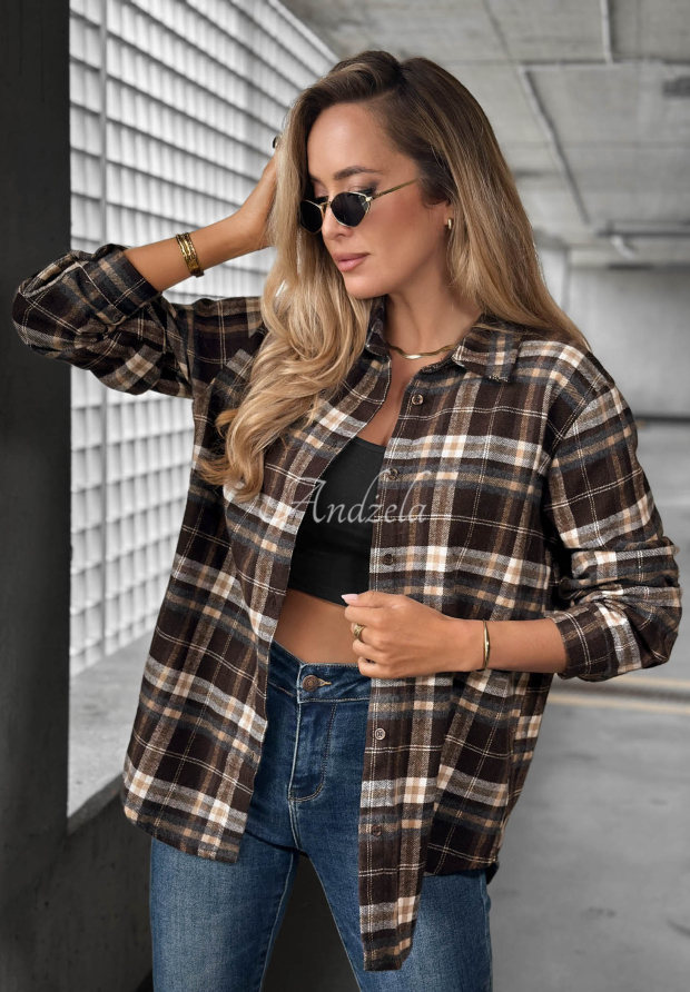 Silent Call Long-Sleeve Checkered Cotton Shirt in Chocolate-Beige