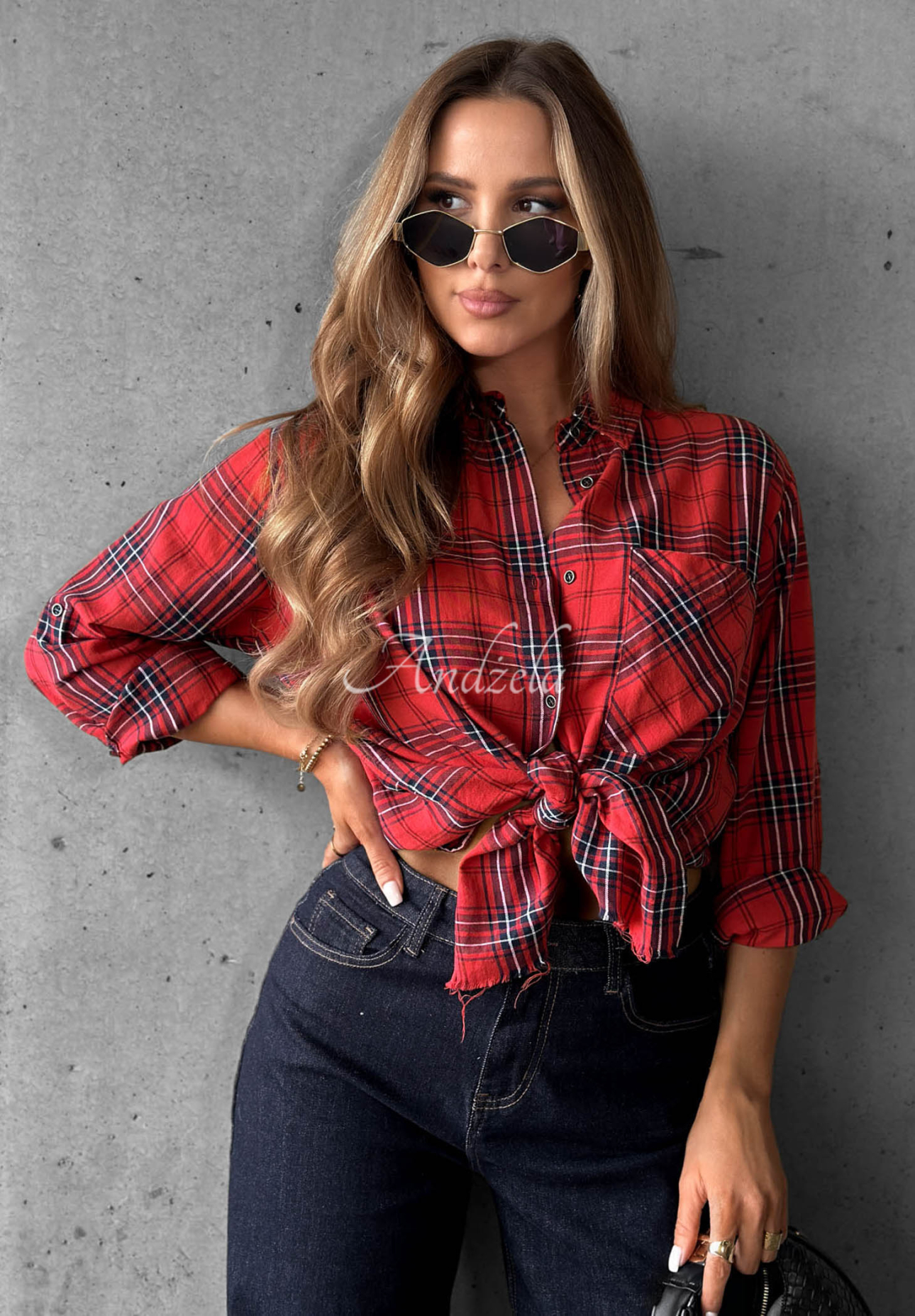 Asymetryczna koszula w kratę z bawełny Private Message czerwona