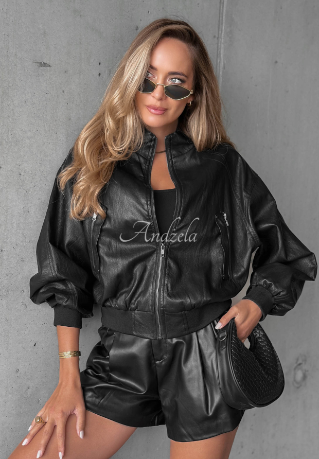 Leaf Dance Short Black Leather Bomber Jacket