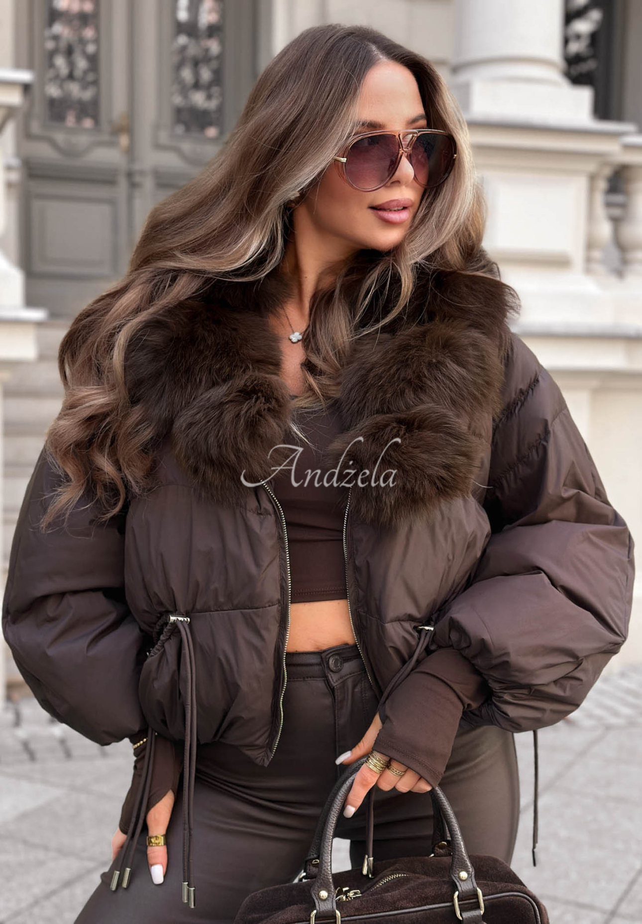 Winter Trail Short Down Jacket with Fur Trim, Chocolate Brown