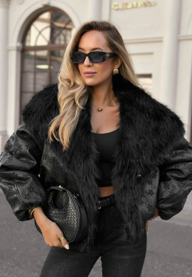 True Balance Black Patterned Jacket with Fur Trim