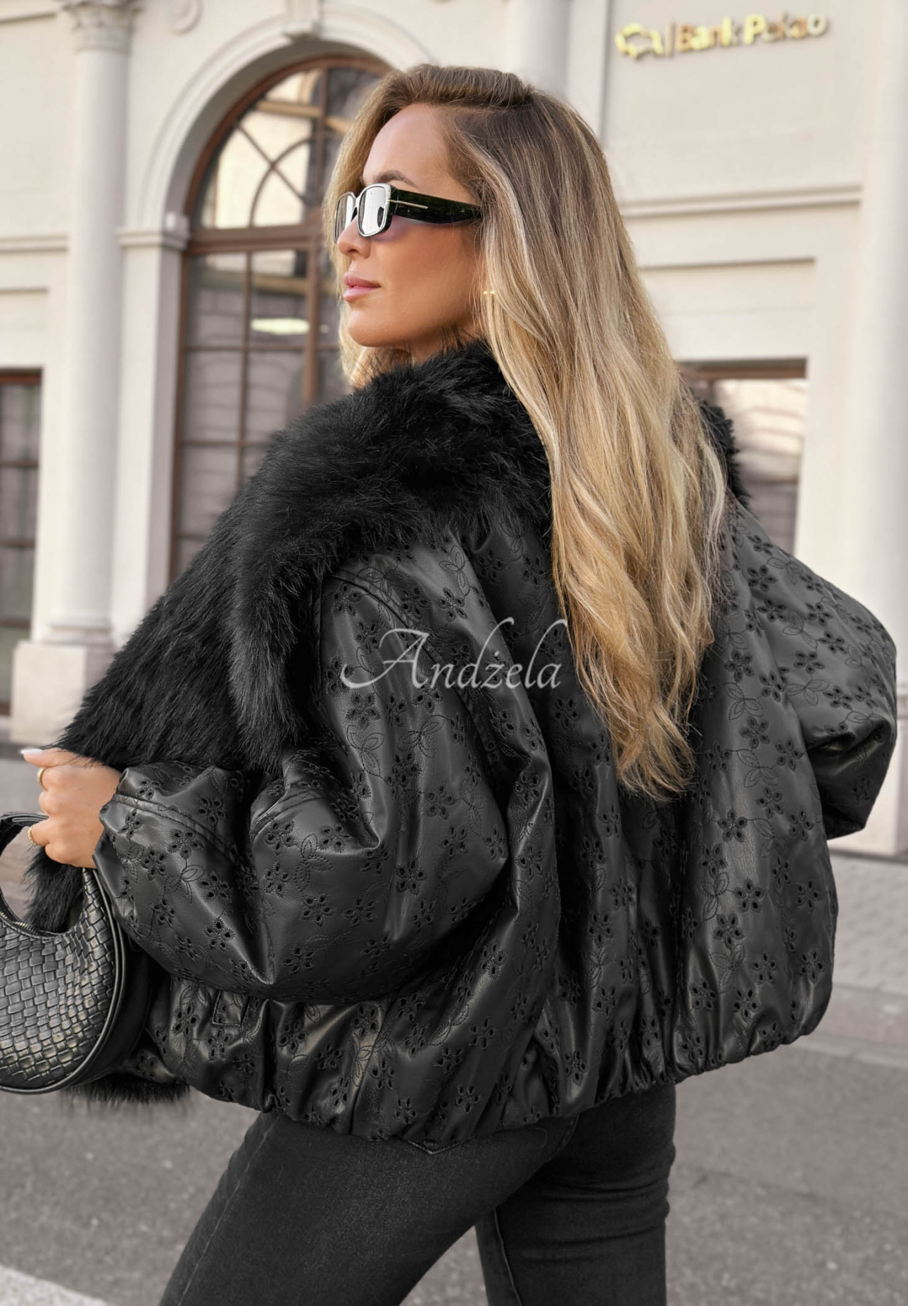 True Balance Black Patterned Jacket with Fur Trim