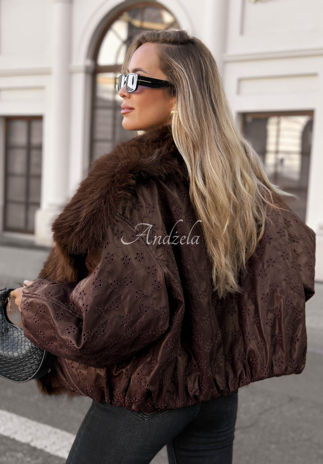 True Balance Patterned Jacket with Fur Trim, Chocolate Brown