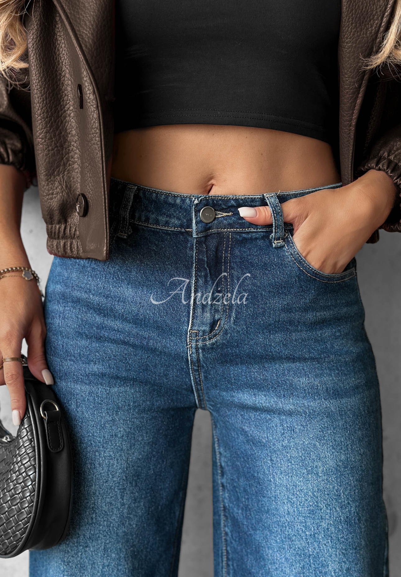 Straight-leg jeans with distressed details and Lunar Shine crystals in navy and camel