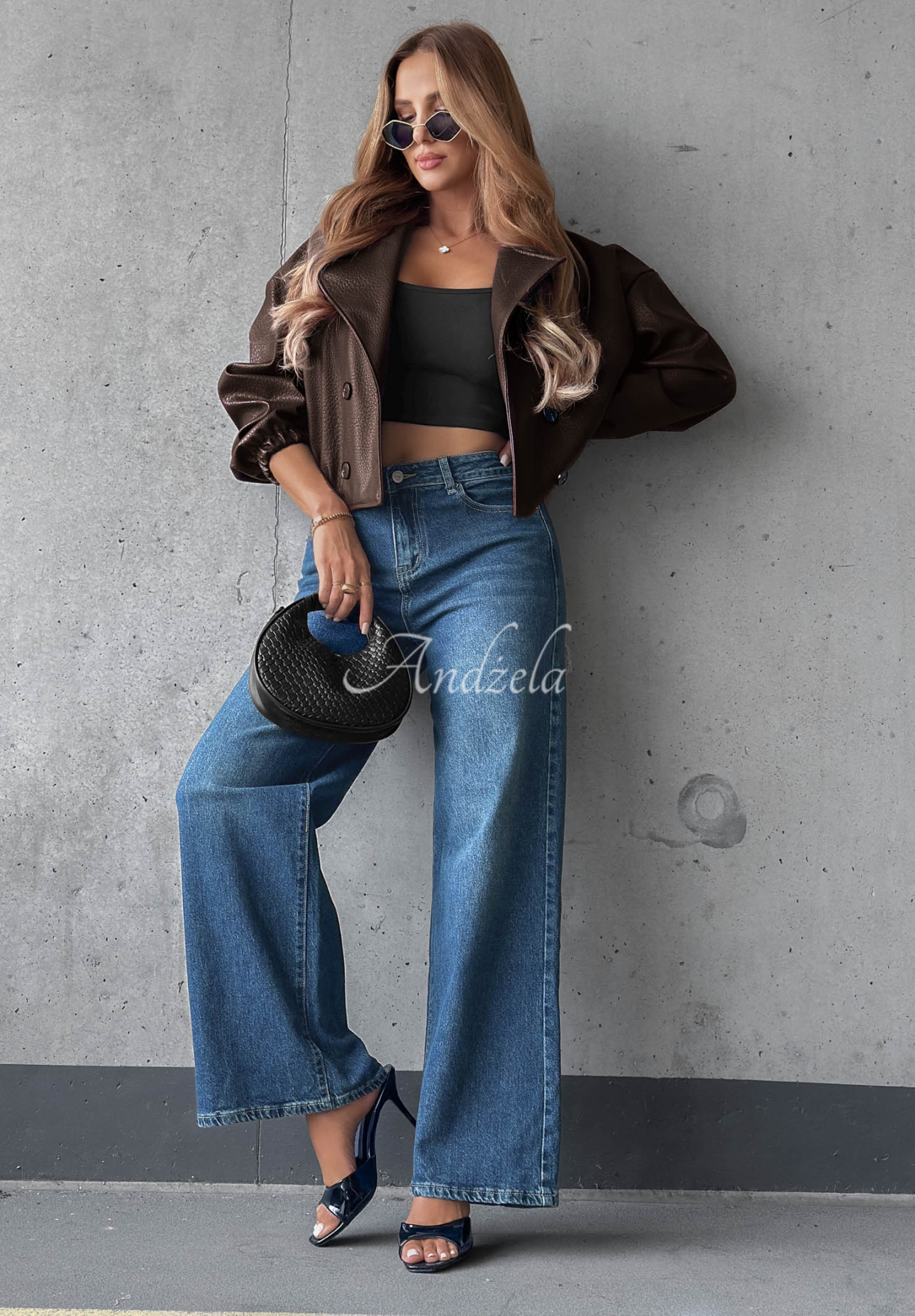 Straight-leg jeans with distressed details and Lunar Shine crystals in navy and camel