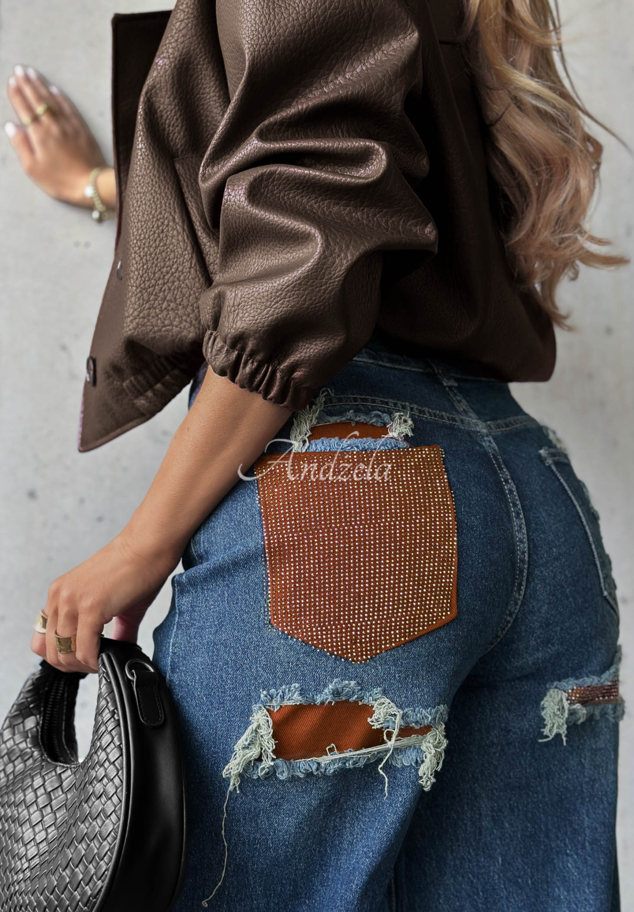 Straight-leg jeans with distressed details and Lunar Shine crystals in navy and camel
