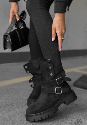 Rainy Steps Black Suede Ankle Boots with Straps