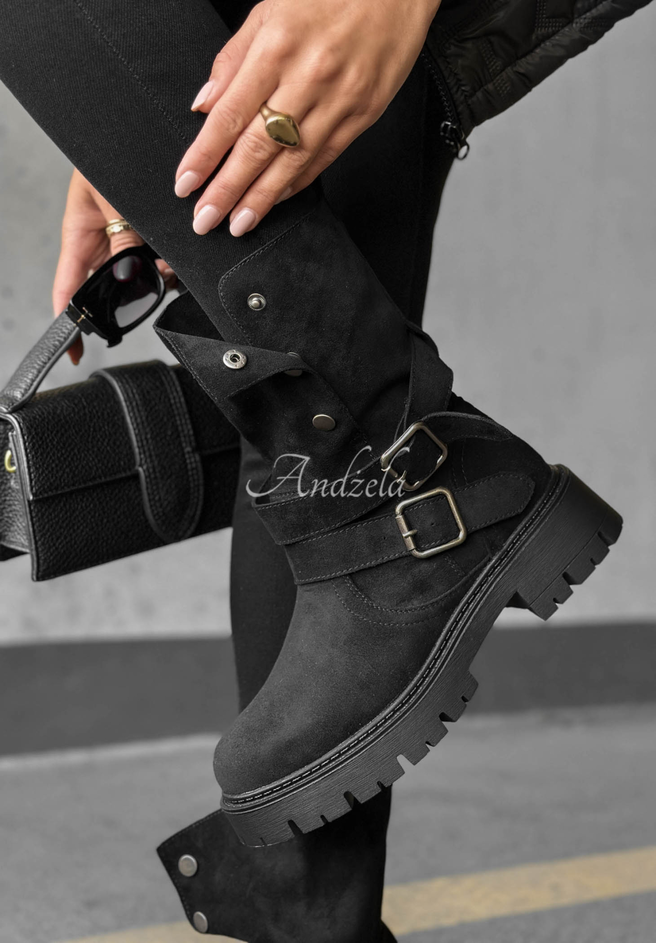 Rainy Steps Black Suede Ankle Boots with Straps