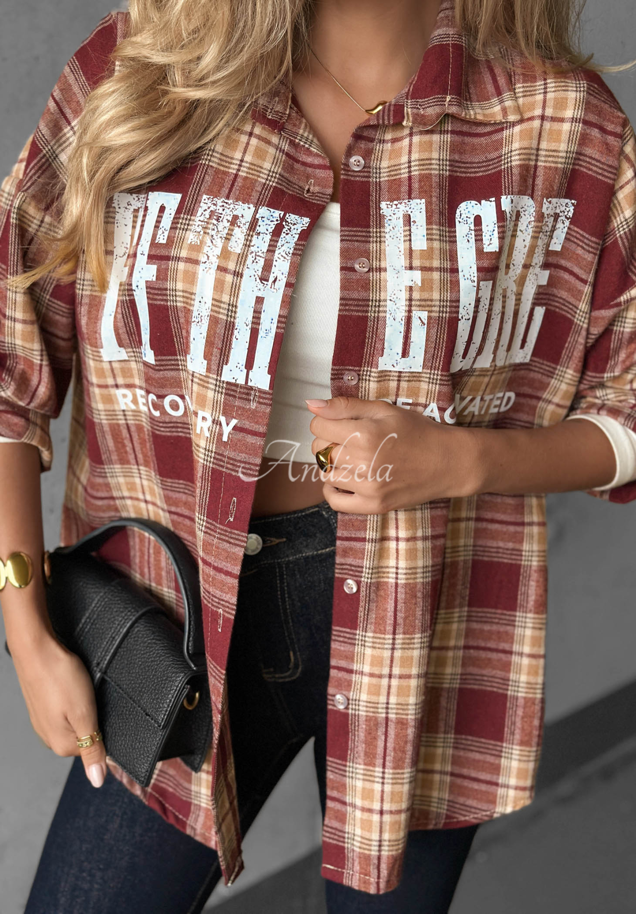 Oversized checkered cotton shirt with "The Gre" print in burgundy