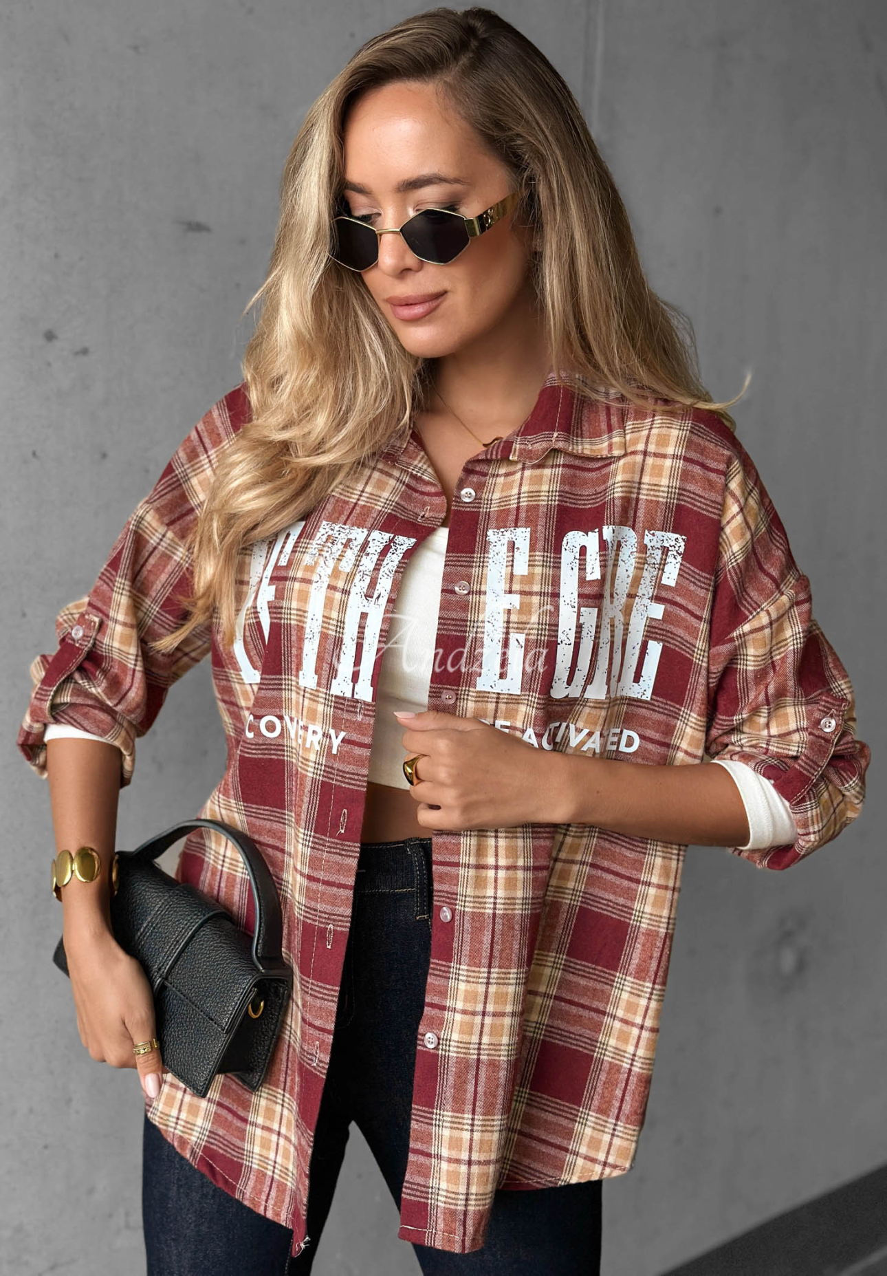 Oversized checkered cotton shirt with "The Gre" print in burgundy