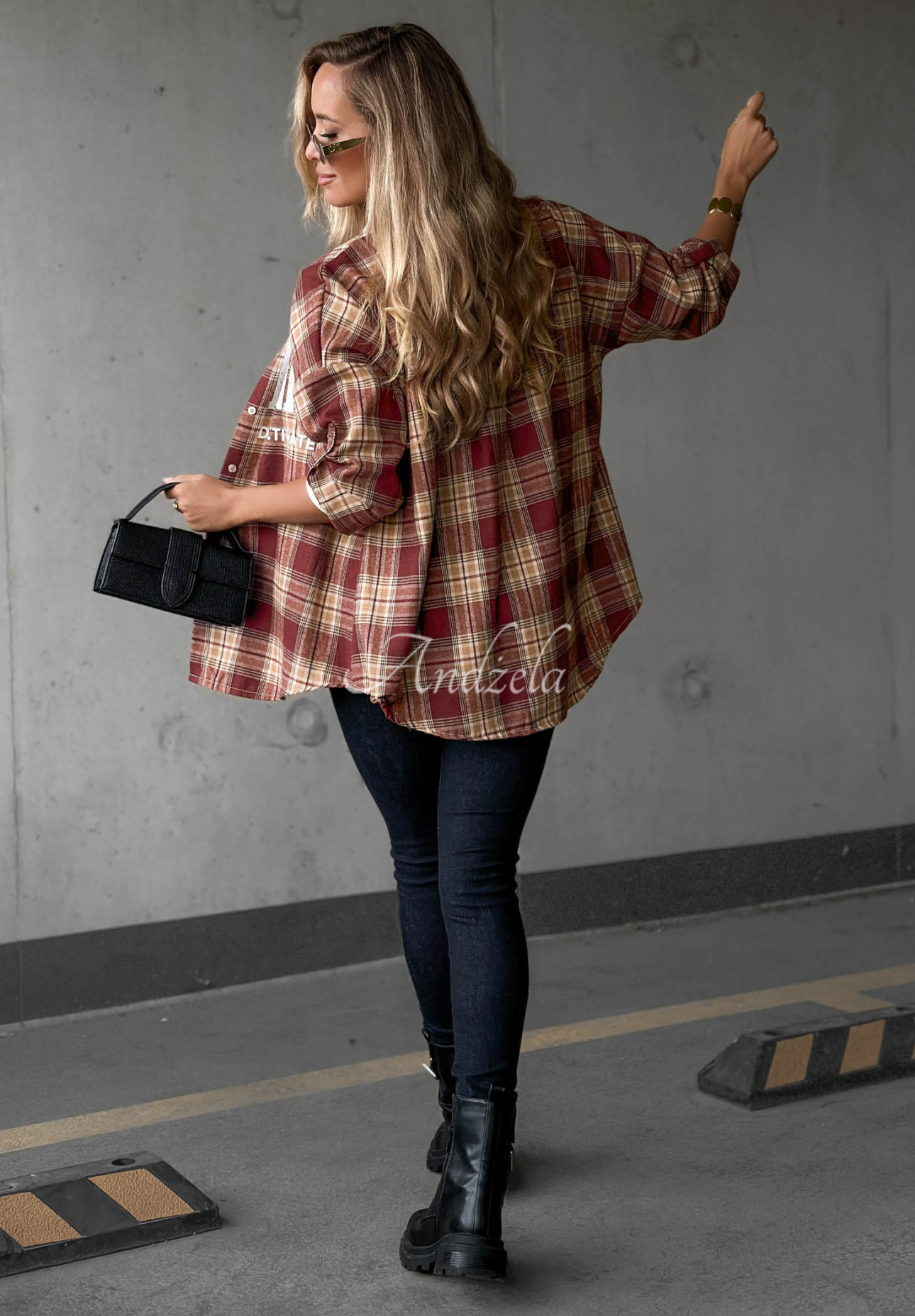 Oversized checkered cotton shirt with "The Gre" print in burgundy