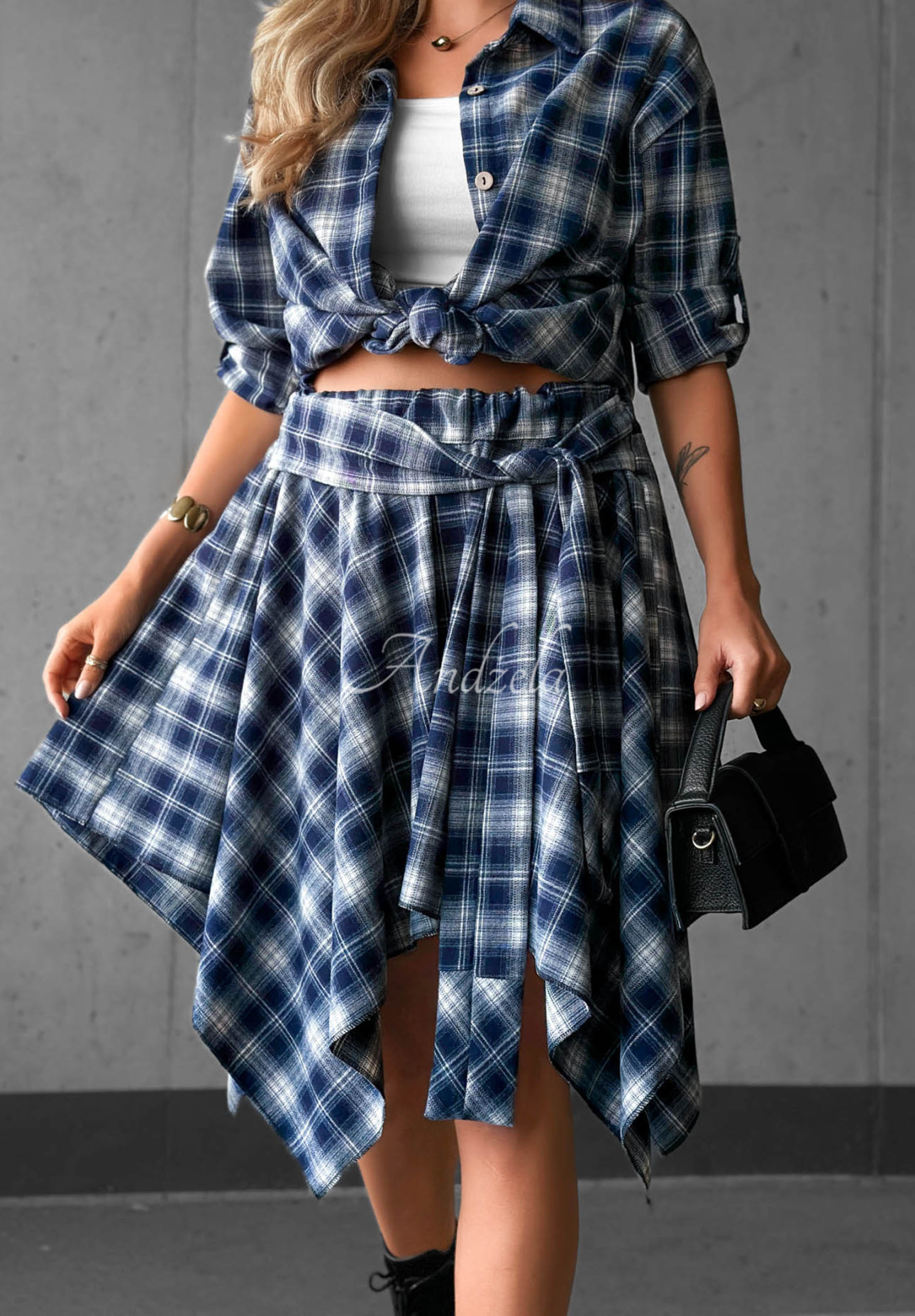 Barlow Navy Blue Checkered Viscose Mini Skirt