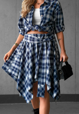 Barlow Navy Blue Checkered Viscose Mini Skirt