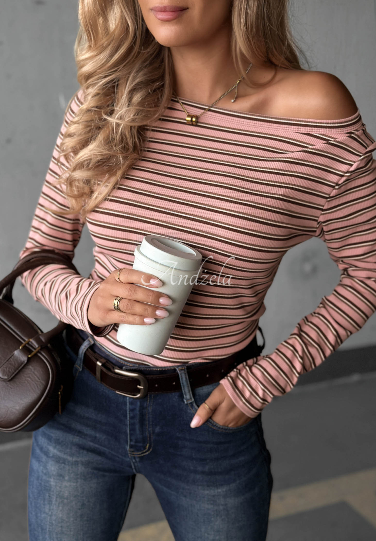 Bawełniana bluzka longsleeve w paski Cloudy Whisper pudrowy róż
