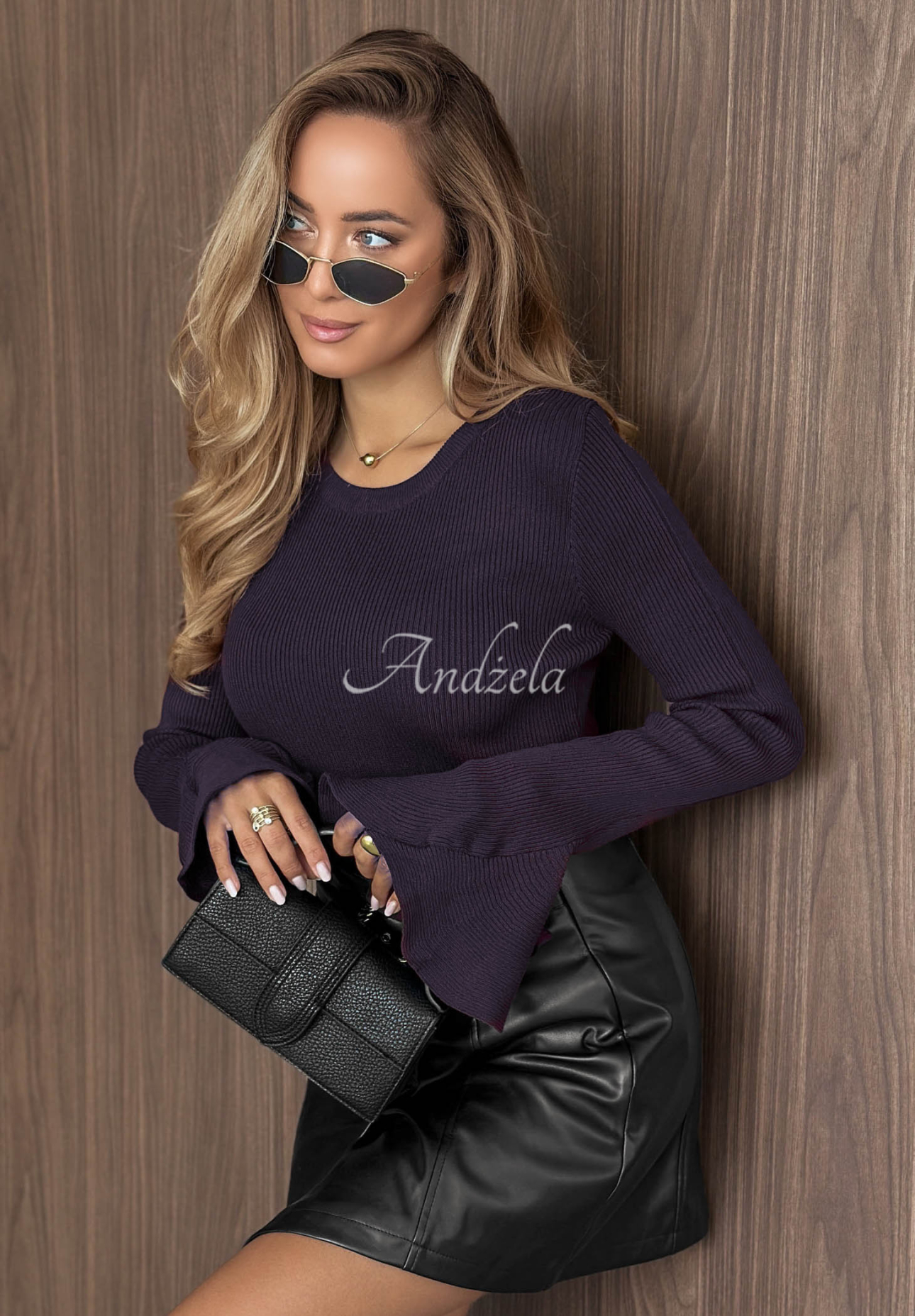 Prążkowana bluzka z wiskozy z rękawami typu dzwonek Sweet Whisper fioletowa