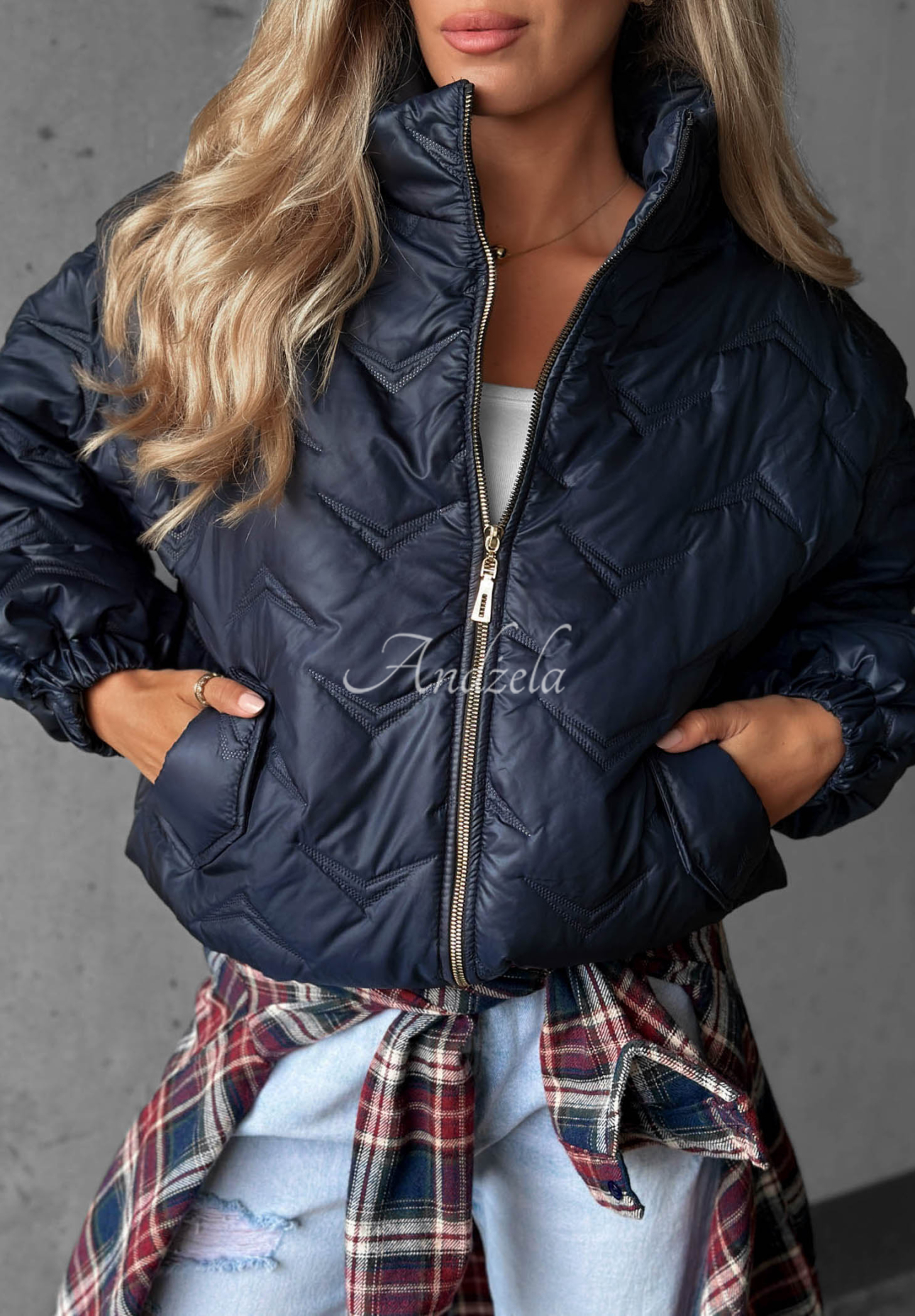 Drizzle Days Short Quilted Bomber Jacket, Navy Blue