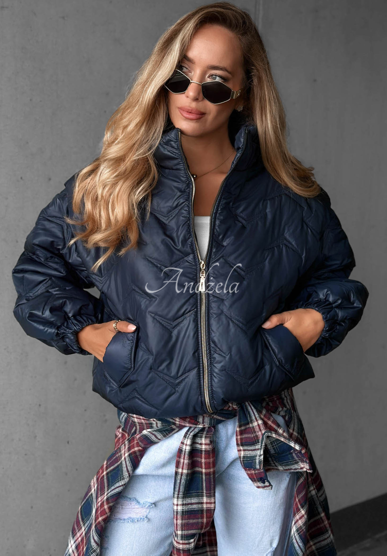 Drizzle Days Short Quilted Bomber Jacket, Navy Blue