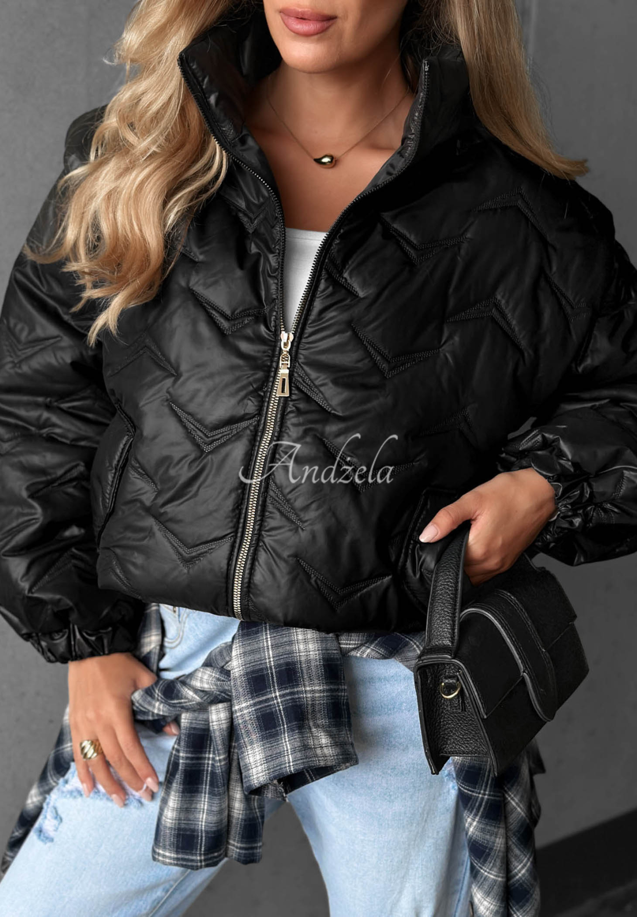 Drizzle Days Short Quilted Bomber Jacket, Black