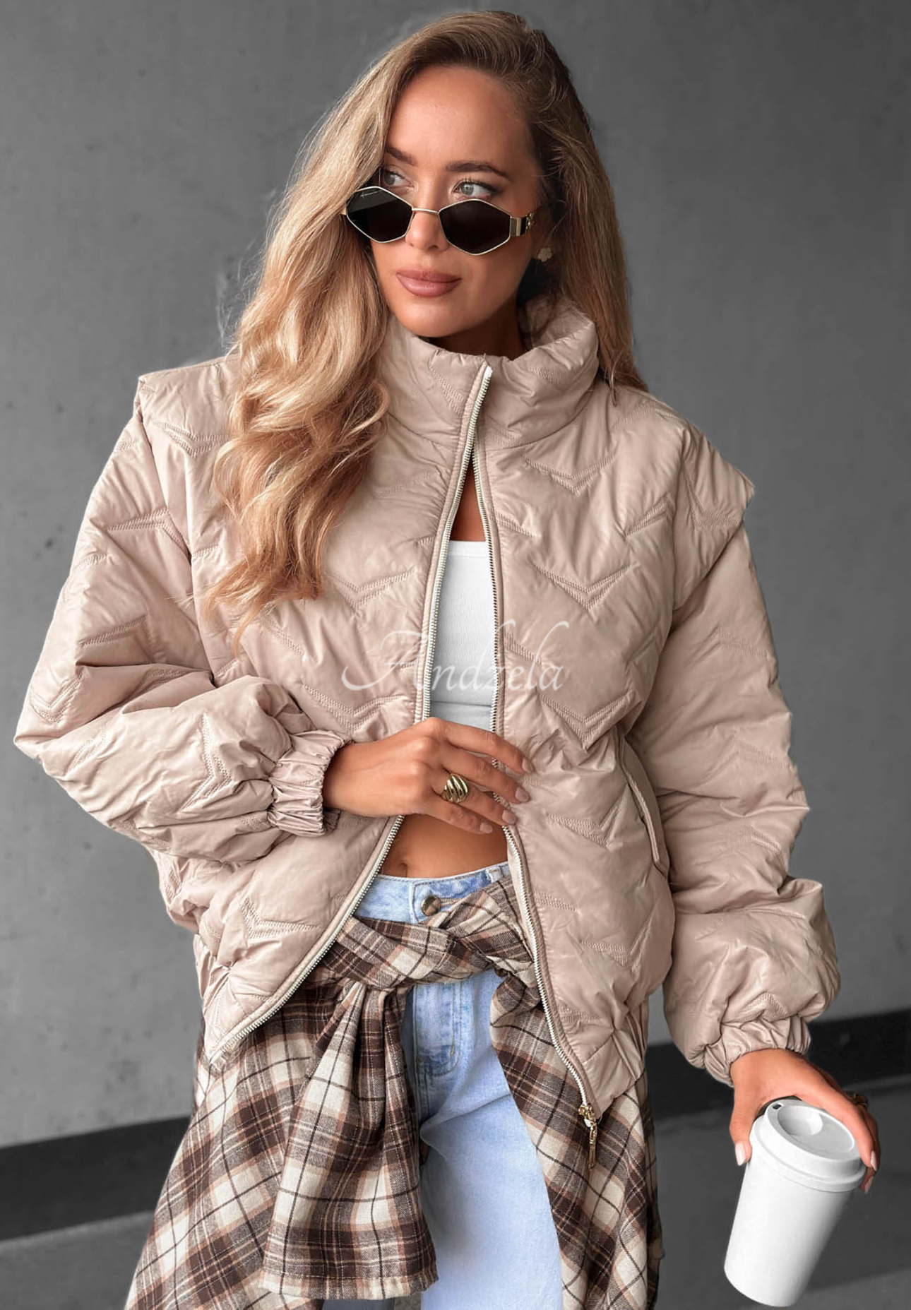Drizzle Days Short Quilted Beige Bomber Jacket