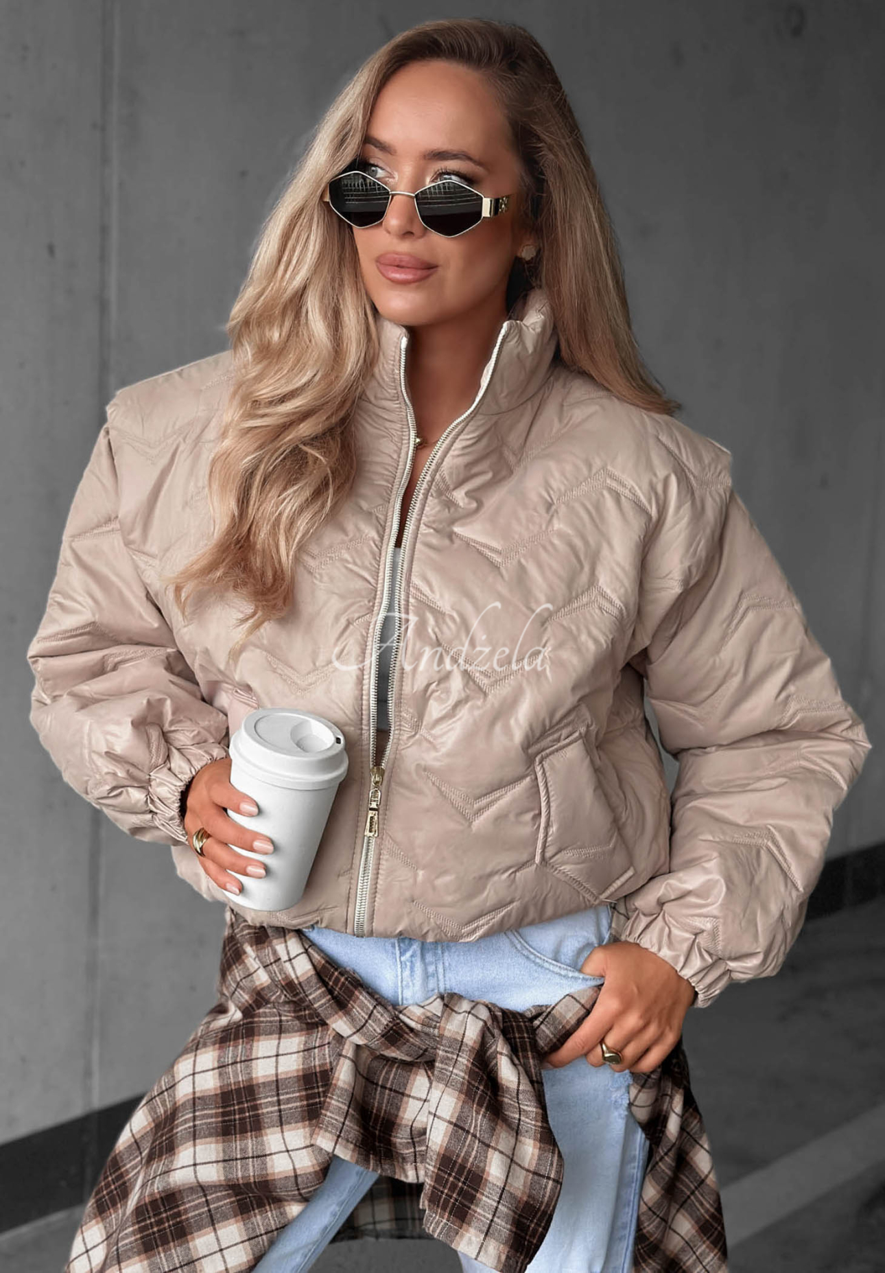 Drizzle Days Short Quilted Beige Bomber Jacket