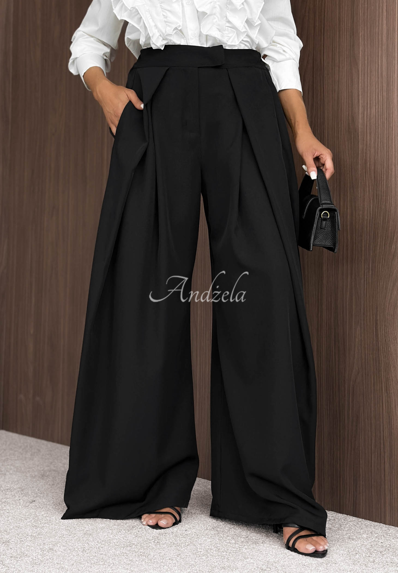 Cloudy Elegance Black Wide-Leg Fabric Pants with Pleats