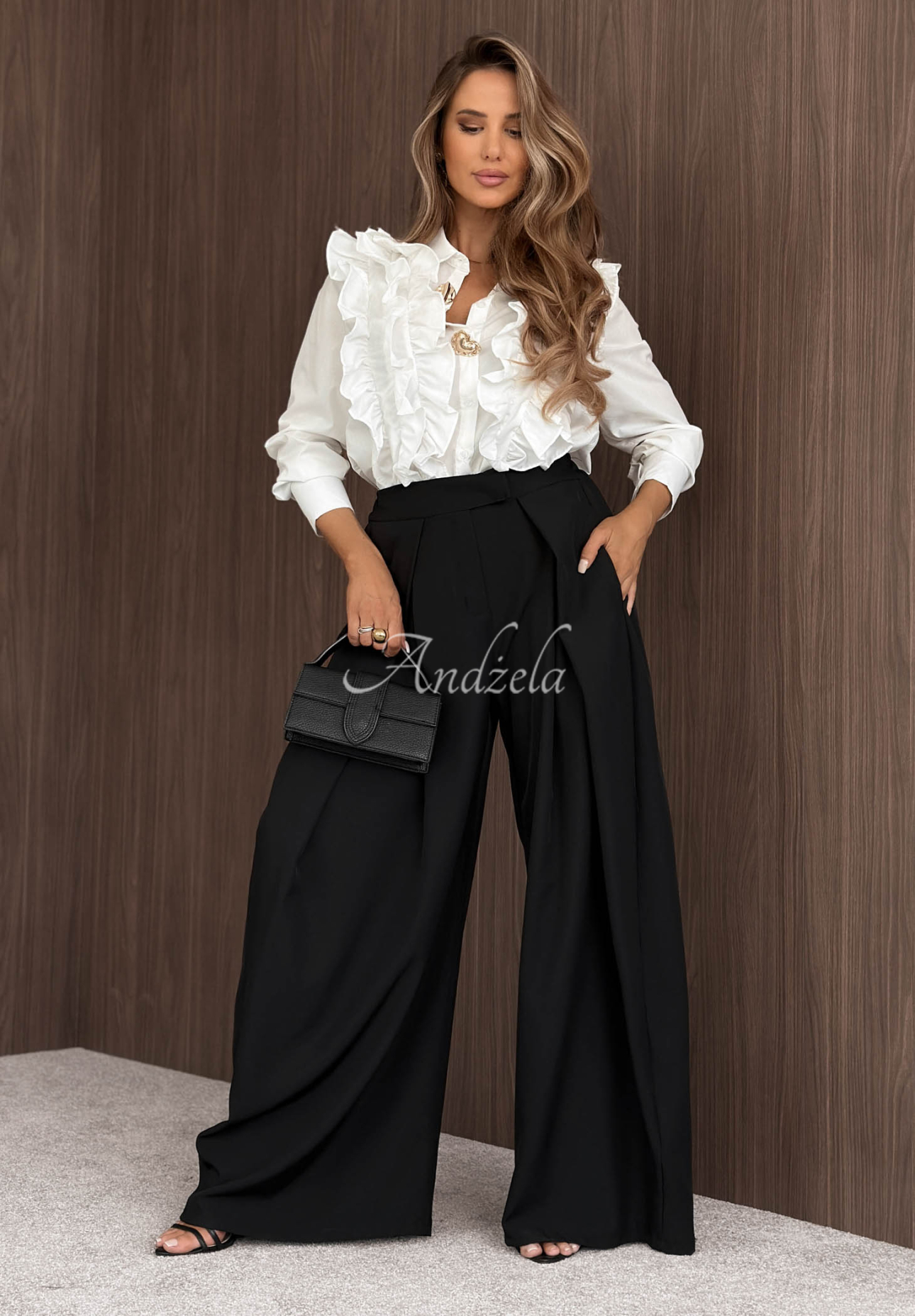 Materiałowe spodnie wide leg z zakładkami Cloudy Elegance czarne