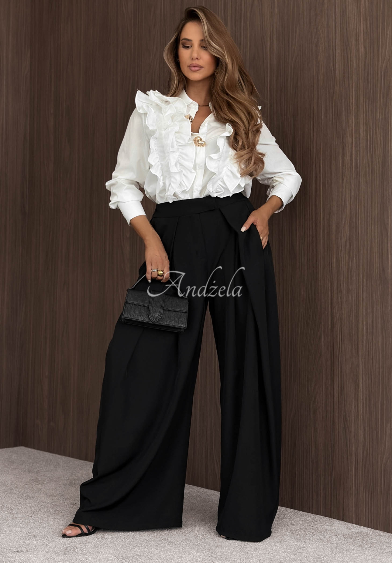 Materiałowe spodnie wide leg z zakładkami Cloudy Elegance czarne