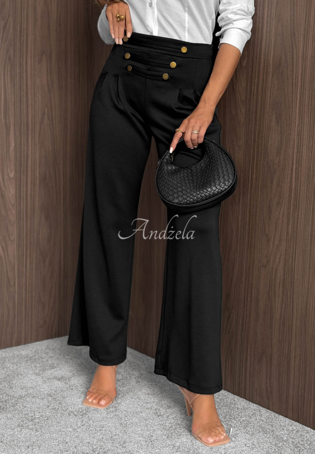 Gentle Pause Black Wide-Leg Viscose Pants with Buttons