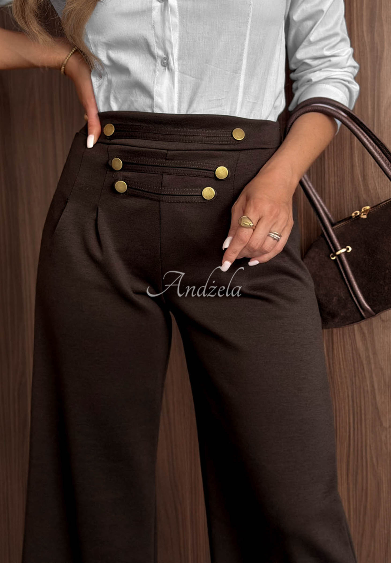 Gentle Pause Chocolate-Colored Wide-Leg Viscose Pants with Buttons