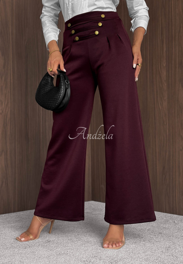 Gentle Pause Burgundy Wide-Leg Viscose Pants with Buttons