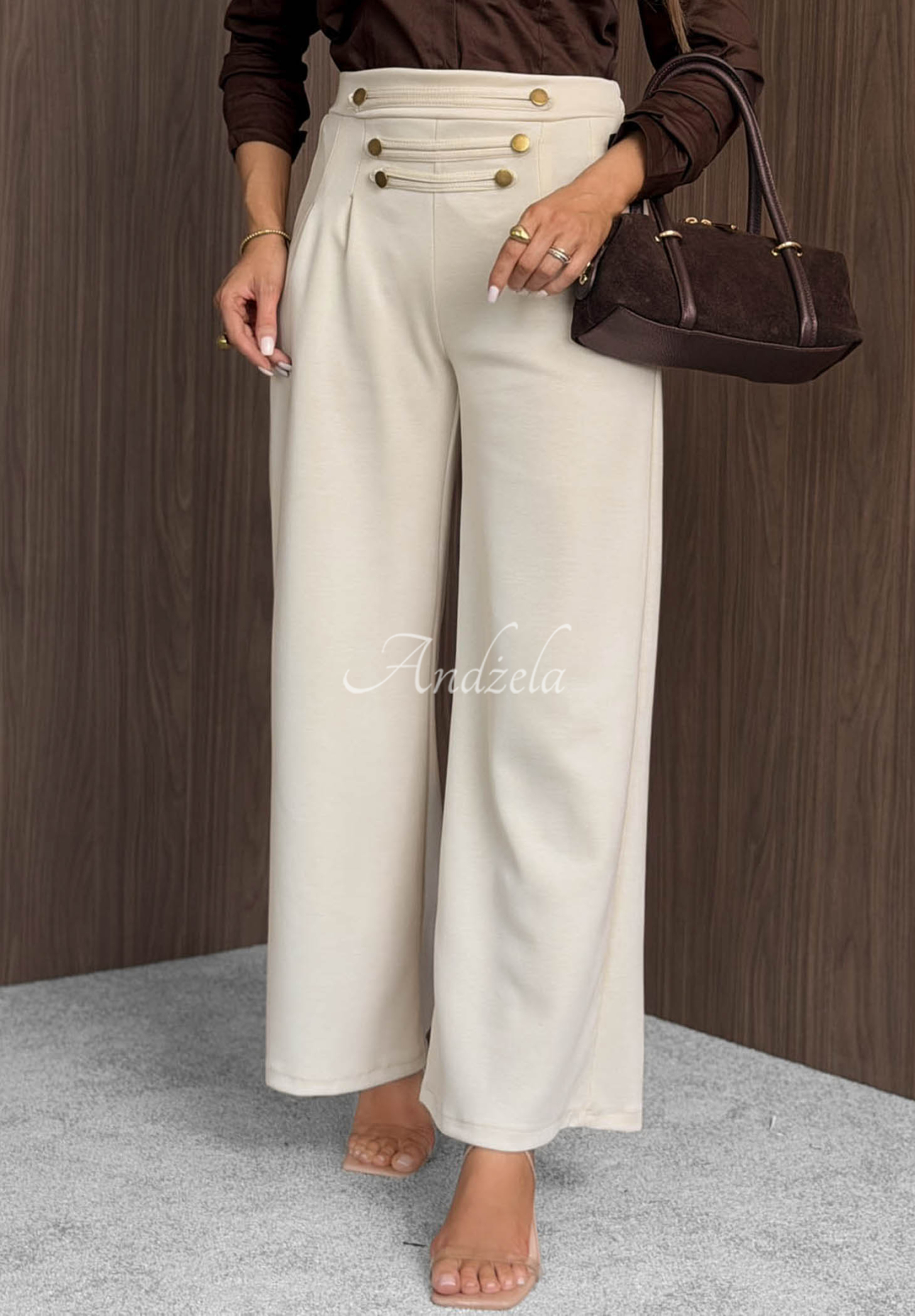 Gentle Pause Beige Wide-Leg Viscose Pants with Buttons