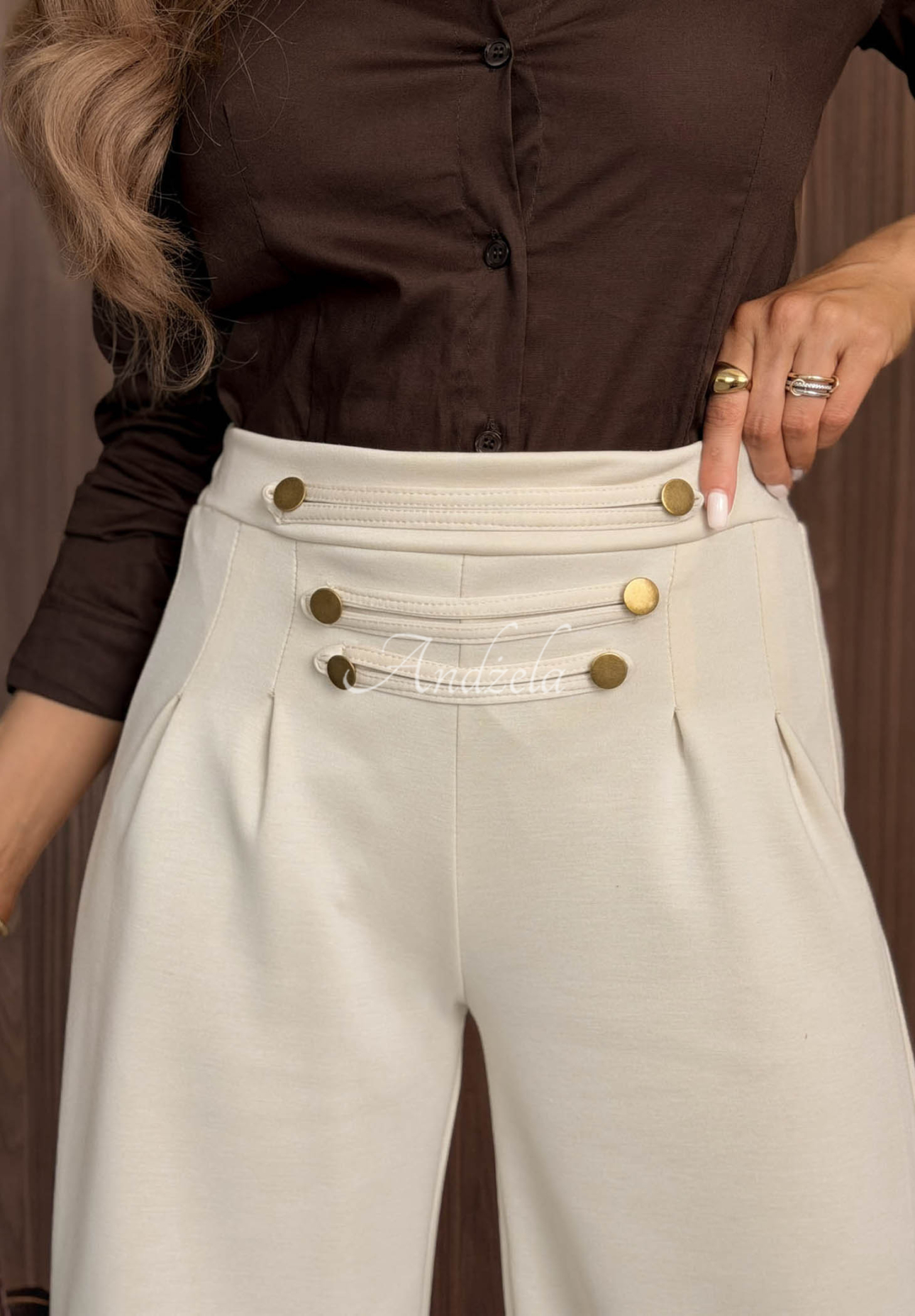 Gentle Pause Beige Wide-Leg Viscose Pants with Buttons
