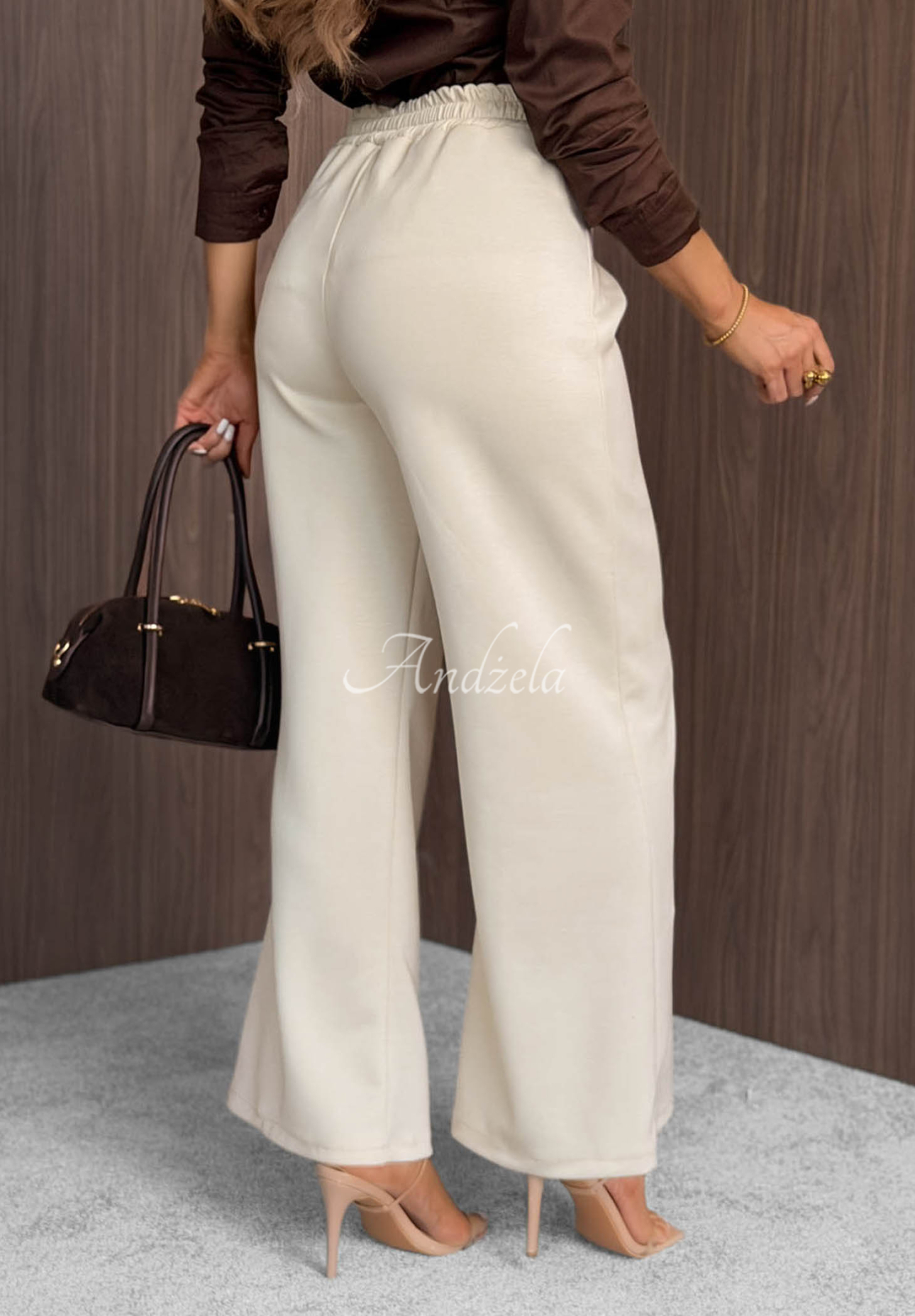 Gentle Pause Beige Wide-Leg Viscose Pants with Buttons