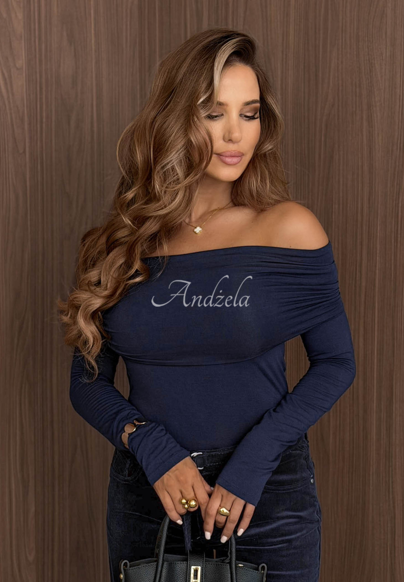 Rain Romance Navy Blue Off-the-Shoulder Long-Sleeve Cotton Blouse