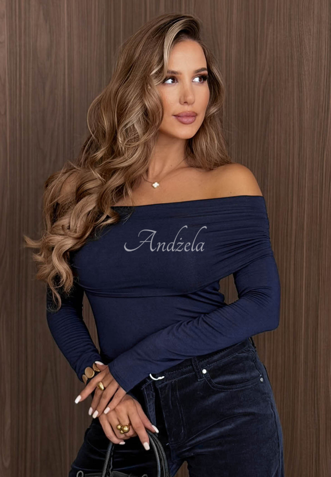 Bawełniana bluzka longsleeve z odkrytymi ramionami Rain Romance granatowa