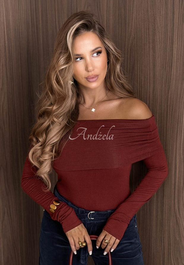 Bawełniana bluzka longsleeve z odkrytymi ramionami Rain Romance burgundowa