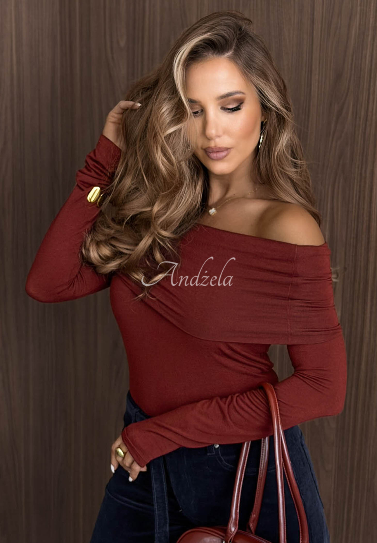 Rain Romance burgundy long-sleeve cotton off-the-shoulder blouse