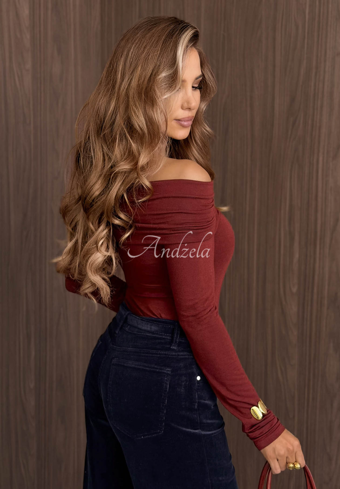 Rain Romance burgundy long-sleeve cotton off-the-shoulder blouse