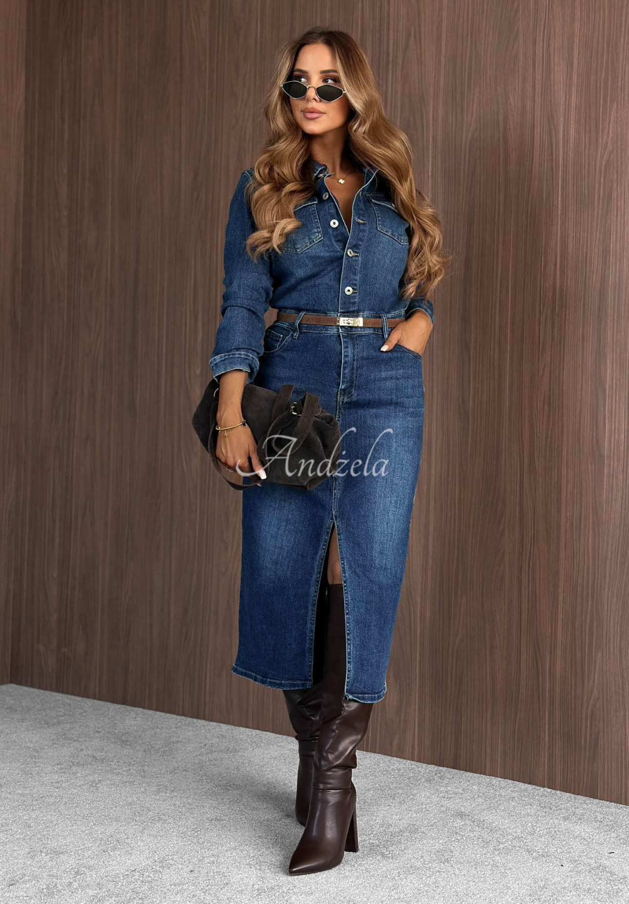 Maple Sunset Navy Blue Denim Midi Dress